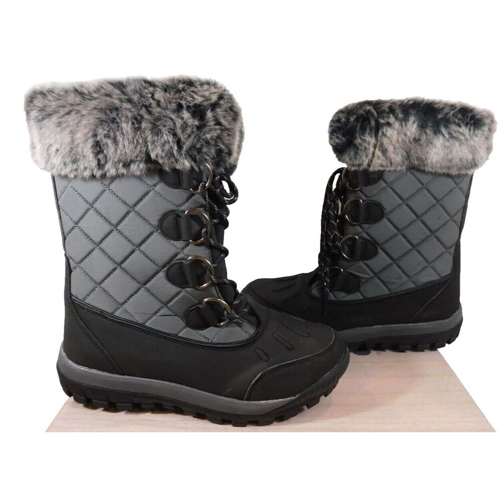 BEARPAW Women's Cassie  Lace Up Quilted Winter Snow Boots  7 M Grey Faux Fur Top